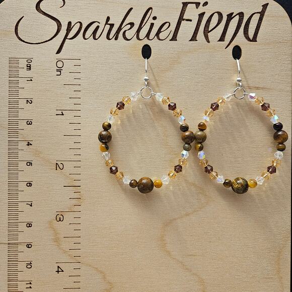 Brown, gold and clear iridescent glass crystal and cat's eye hoop earrings - Picture 1 of 1